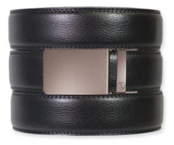 Black Leather Ratchet Belt & Buckle Set - Gun Metal